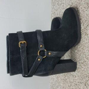 Ugg Dandridge Boot Suede Leather Harness Black Block Heel Side Zip Womens 8